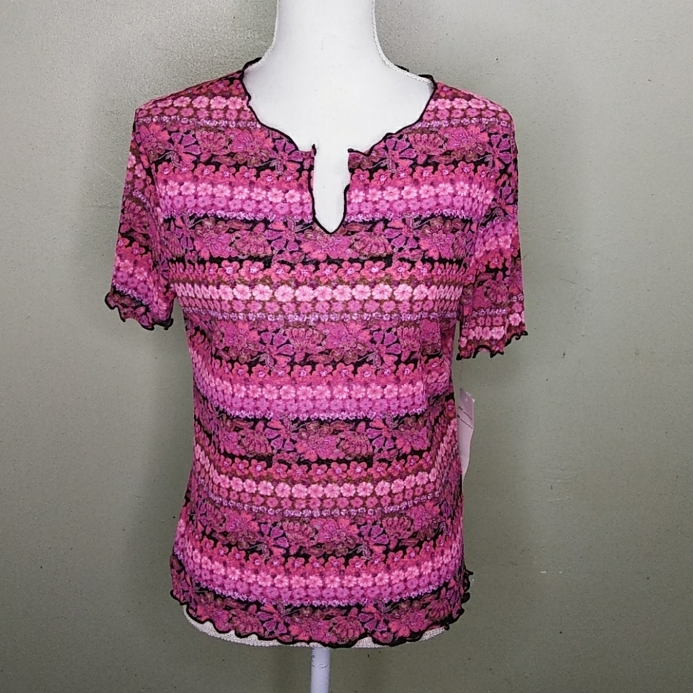 NINETY Lettuce Edge Floral Print Top - PL  - NWT